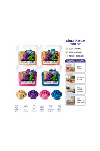 3 Adet Kinetik Kum 200 Gr Ele Yapışmaz Oyun Kumu, Asla Kurumaz, 2 Plastik Kalıp Hediyeli, Kinetic Sand