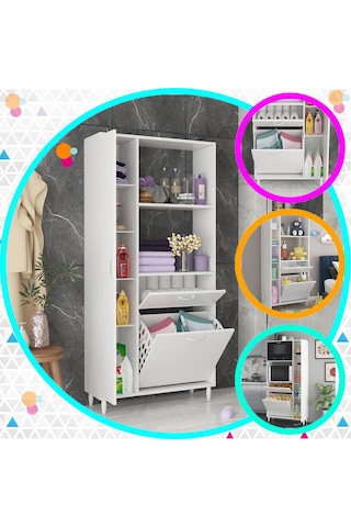 Sepetli Ve Kapaklı Dolaplı Banyo Dolabı Beyaz
