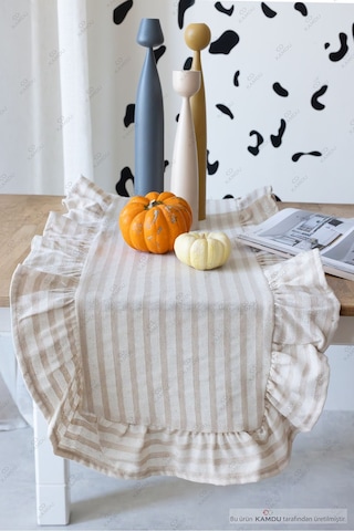 Bej Çizgili 40x125 Cm Vintage Fırfırlı %100 Keten Pamuklu Amerikan Runner Bej