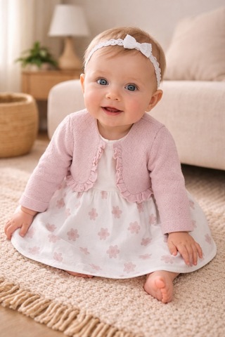 Uğur Bebe Birinci Pamuk Bolero Modeli Kız Bebek Penye Elbise Çiçek Desenli Şık Günlük & Özel Gün Pudra Pudra