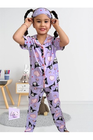 Kız Çocuk Kedi Desenli Lila Mor Renk Kısa Kollu Pijama Takımı Lila