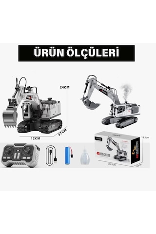 Metal Başlıklı Buharlı 1:18 Ölçekli Uzaktan Kumandalı 10 Fonksiyonlu 2.4 Ghz Oyuncak Ekskavatör Beyaz