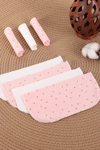 Vavbaby 7 Li Bebek Ağız Mendili Seti %100 Pamuk, Yumuşak Ve Emici Beyaz Çiçekli Somon