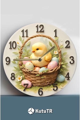 Sevimli Civcivli Sepet Tasarımlı Mdf Duvar Saati 33 Cm Sdw328 Renkli