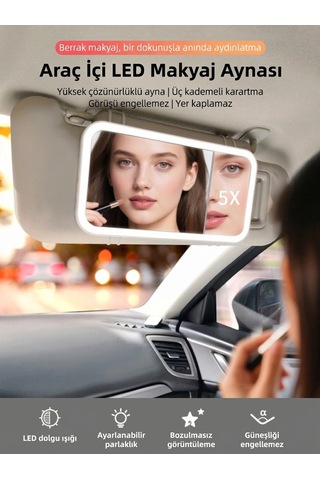 Techtic 5x Büyütmeli Araç İçi Led Işıklı Makyaj Aynası Kısılabilir Dokunmatik Ayna 3 Işık Modu Beyaz
