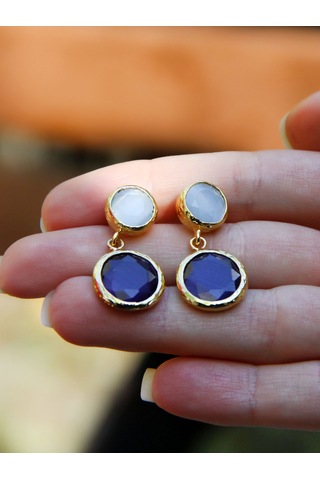 İkili Yuvarlak Modelli Kedigözü Cam Gold Kaplamalı Kadın Küpe Euku25bl Lacivert