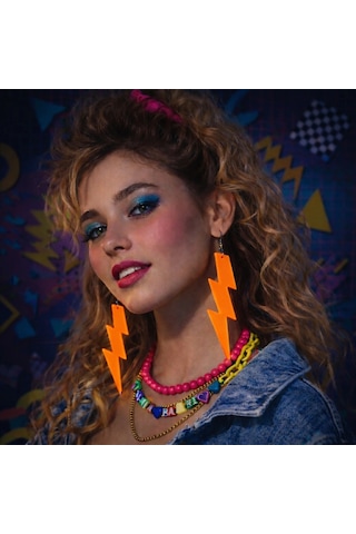80 Ler 9039lar Retro Neon Turuncu Şimşek Küpe 10 Cm "