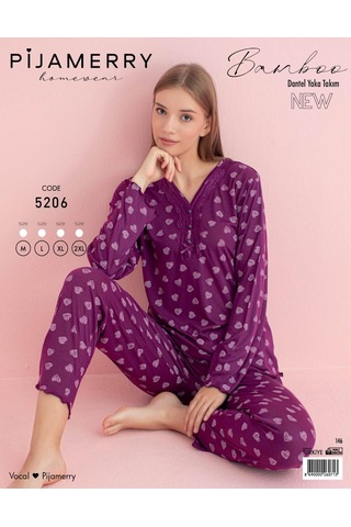 Pijamerry Kadın Bambu Baharlık Dantel Yaka Uzun Kol İnce Pijama Takımı 5206m - 1 Adet Mor