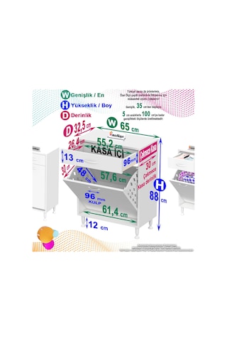 Eliusta Asil 65 Cm Kirli Çamaşır Sepetli Banyo Dolabı 1 Çekmeceli Mutfak Çok Amaçlı Dolap 65x88x32,5 Cm Beyaz