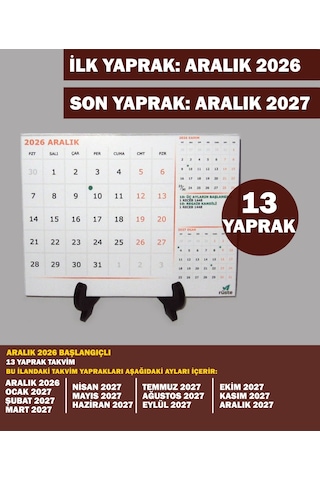 Aralık 2026 - Aralık 2027 Yılı Masa Takvimi 13 Yaprak Takvim Hicri Dini Günler Resmi Tatiller
