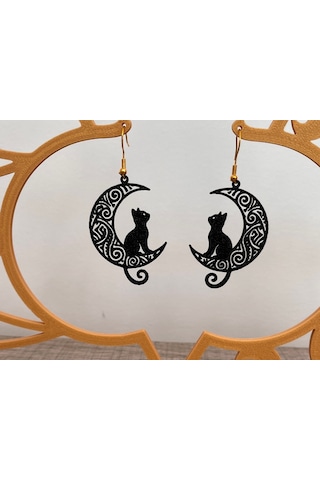 Mistik Ay Ve Kedi Küpe Çifti - Gotik Estetik Siyah Desenli Gece Temalı Aksesuar Siyah