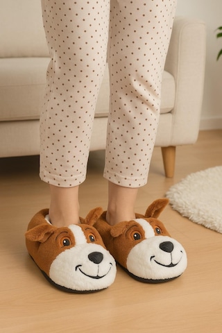 Unisex Yetişkin Köpek Figürlü Peluş Panduf Ev Pandufu Ev Botu Taba