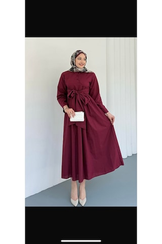 Çapraz Düğme Detaylı Bağlamalı Poplin Tesettür Elbise Bordo