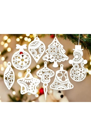 12 Parça Ahşap Yılbaşı Ağacı Süs Seti Ortalama 6-8 Cm Noel Ağacı Süsü