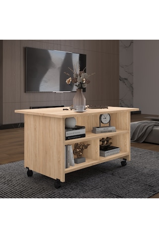 Asra Trend Orta Sehpa OS001 %100 MDF Tekerlekli İki Katlı Geniş Raf Takımı Safir Meşe