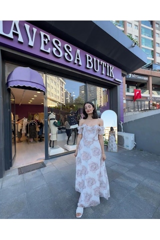 Şerit Geçişli Şifon Elbise - Beyaz-189