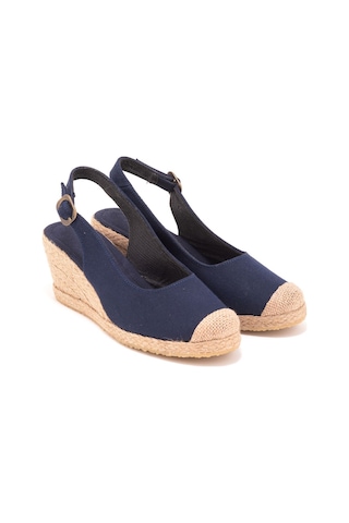 Star Tombis Gerçek Elişi Arkadan Bantlı Topuğu Açık Burnu Hasırlı Keten Espadril Dolgu Topuk Handmade Lacivert