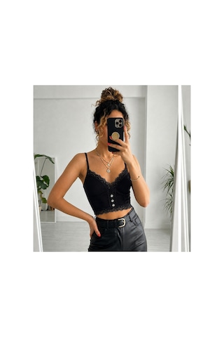 Panivue Kaşkorse Dantel Detaylı Dolgulu Pedli Crop Büstiyer Siyah