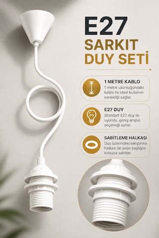 E27 Rozanslı Kablolu Sarkıt Avize Duyu 1 Metre Beyaz Askı Takımı Tam Dişli Rondelalı