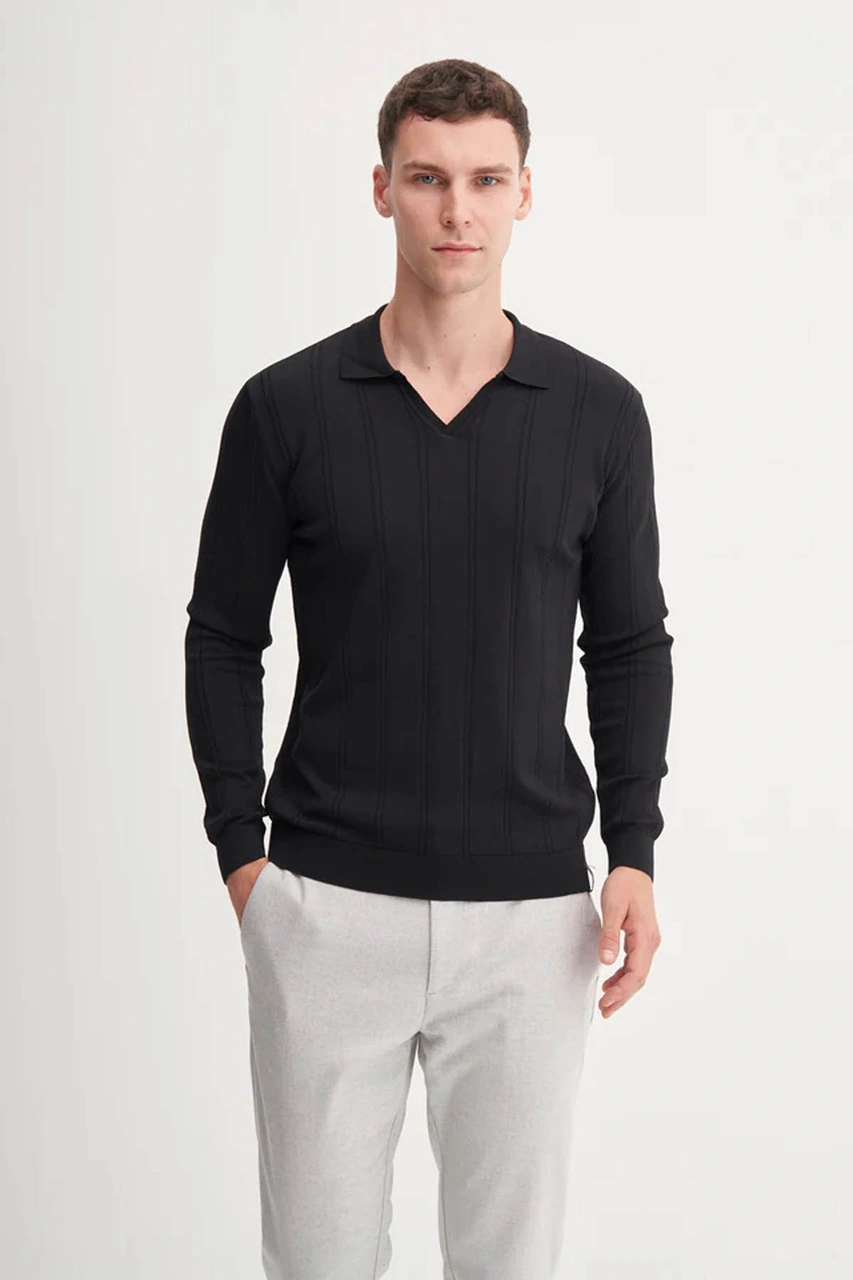 Cazador Slim Fit Rayon Karışımlı Premium Polo Yaka Siyah Erkek Kazak 33045 Siyah