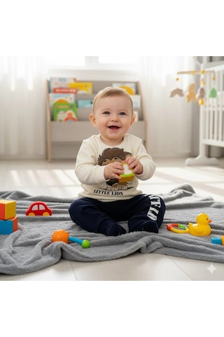 Erkek Bebek Aslan Baskılı Alt Üst İkili Gündelik Takım Lacivert