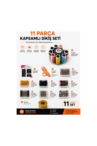 11 Parça Kapsamlı Dikiş Seti 10 Renk İplik, 55 Li İğne, Çatal İğne, Toplu İğne, Mezura Ve Seyahat Makası