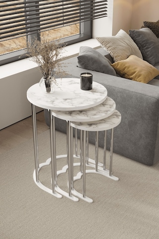 3' Lü Zigon Sehpa Gümüş Ayak Beyaz Mermer Desen 18 Mm Mdf Gümüş - Beyaz Mermer