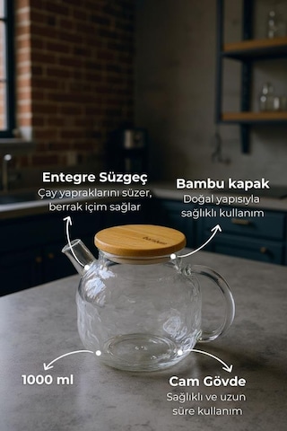 Bambum Juliet - Bambu Kapaklı Cam Demlik 1000ml Şeffaf