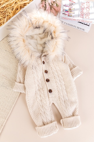 Triko Örgü Kışlık İçi Welsoft Astarlı Kapüşonlu Kız/erkek Bebek Tulum Bej