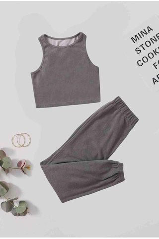 Merry See Tek Renk 1 Takım Kolsuz Polarlı Alt Üst Pijama Takımı Gri 001