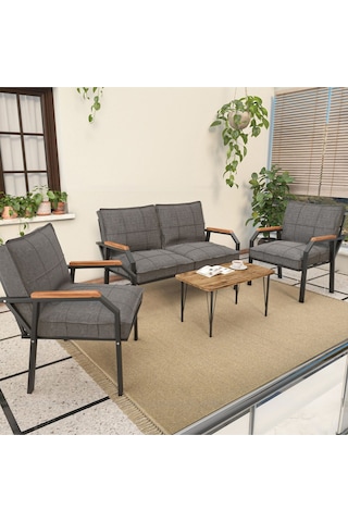 Mygusi Hayal Balkon, Bahçe, Cafe - Metal Kanepe Koltuk Takımı - 2 1 1 Sehaplı Koyu Gri