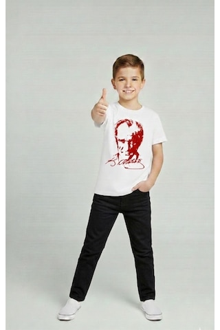 Nacar Store Erkek Çocuk Atatürk Baskılı T-shirt Ve Siyah Keten Pantolon Takım 23nisan 29ekim Özel Günler Siyah-beyaz