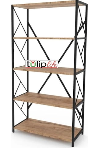 Tuliplife 5 Raflı Dekoratif Koyu Ceviz Metal Kitaplık, Tlpk05s.k