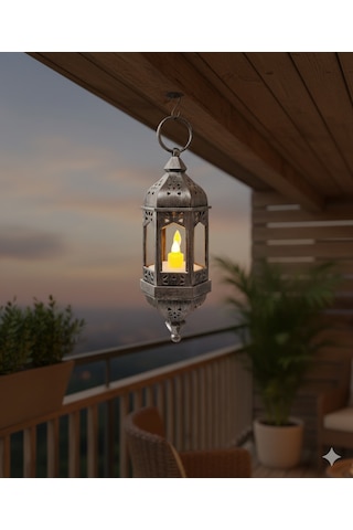 Ledli Asmalı Eskitme Model Dekoratif Fener 20 Cm Gümüş Kendinden Pilli Diğer