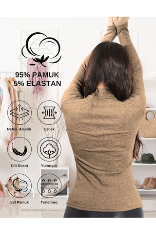 Alya Underwear Kaşkorse Yarım Boğaz Body Sweatshirt, Fitilli Kumaş, Likralı, Bordo Kahverengi Melanj