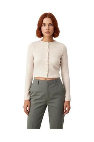 Frm Kadın Bisiklet Yaka Düğmeli Fitted Örme Crop Üst Kaliteli Şık Rah Bej