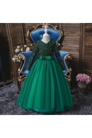 Mashotrend Yeşil Zara Payetli Çocuk Abiye - Kız Çocuk Elbise Çok Renkli