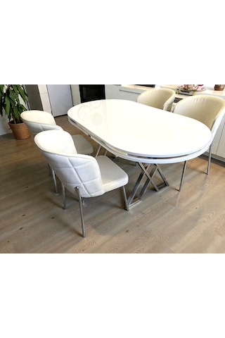 Msy Home 4 Kişilik Serya Beyaz Oval Masa Krom Ayak Yönsüz Kumaş Modern Ve Şık Yemek Odası Takımı Krem