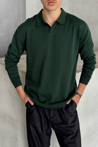 Erkek Pamuklu Polo Yaka Oversize Triko Kazak Yeşil