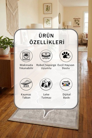 Ehl 134 Dijital Baskılı Kaymaz Yıkanabilir Yolluk Açık Gri