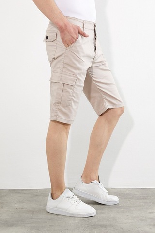 Erkek Lacivert Renk Kargo Yandan Cepli Esnek Kumaş Slim Fit Kapri Şort Bej