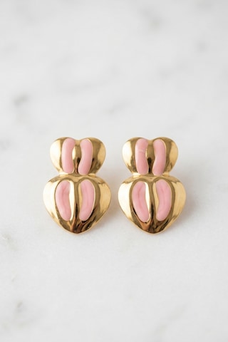 Gold Çizgili Pembe Mineli 2'li Kalp Çelik Küpe Çok Renkli