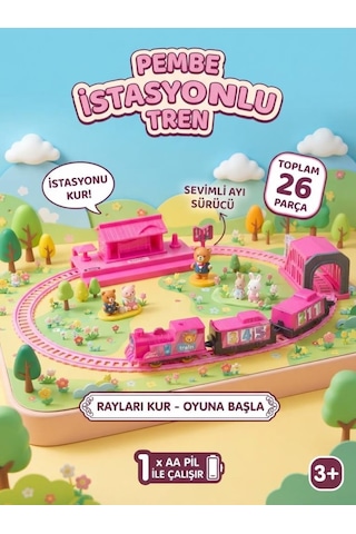 Pembe İstasyonlu Pilli Oyuncak Tren Seti - 26 Parça Hareketli Lokomatif Ve Vagon Seti
