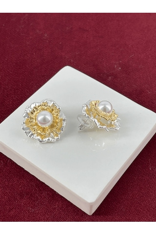 Beyaz Çiçekli İncili Gold Küpe Gold