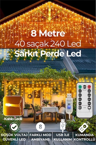 8 Metre 192 Ledli Perde Led Saçaklı Kablolu Usbli Kumandalı Yılbaşı Parti Organizasyon
