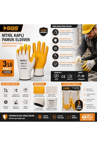 Sgs Nitril Kaplı Pamuk Eldiven 3 Lü Paket İş Eldiveni Mekanik Koruma En388
