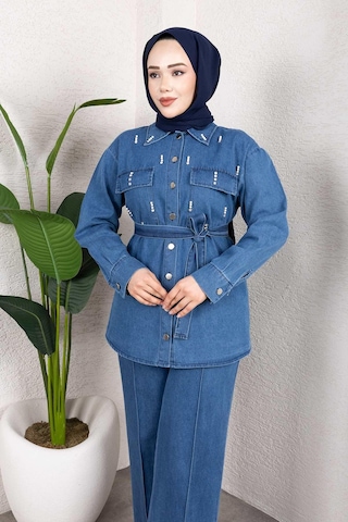Misskayle Taş Detaylı Kuşaklı Denim Tesettür Takım Açık Mavi Açık