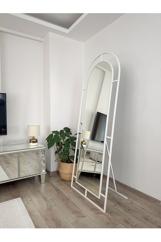 Effe Beyaz Metal Çerçeveli 180x70 Cm Pencere Model Oval Ayaklı Boy Aynası