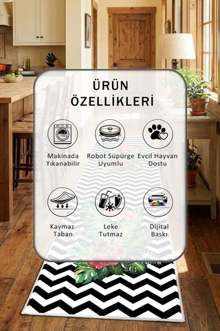 Zigzag Flamingo2 Göbek Beyaz Yıkanabilir Mutfak Halısı