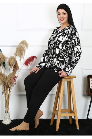 Akbeniz Kadın Büyük Beden Penye Uzun Kol Pijama Takım 202217 Siyah